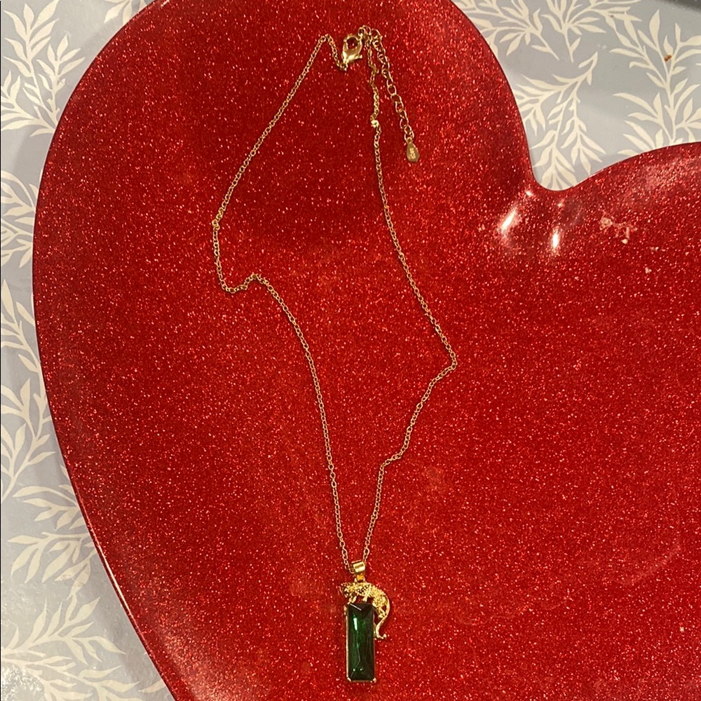Sterling Silver Necklace w/ Emerald Color Glass Stone & Feline Pendant